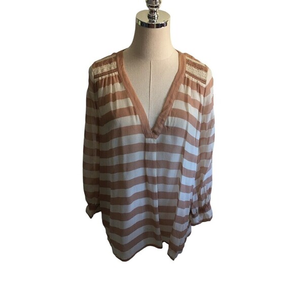 Joie Top Women's Size Small Brown White Stripes Long Sleeves Sheer - Picture 1 of 8